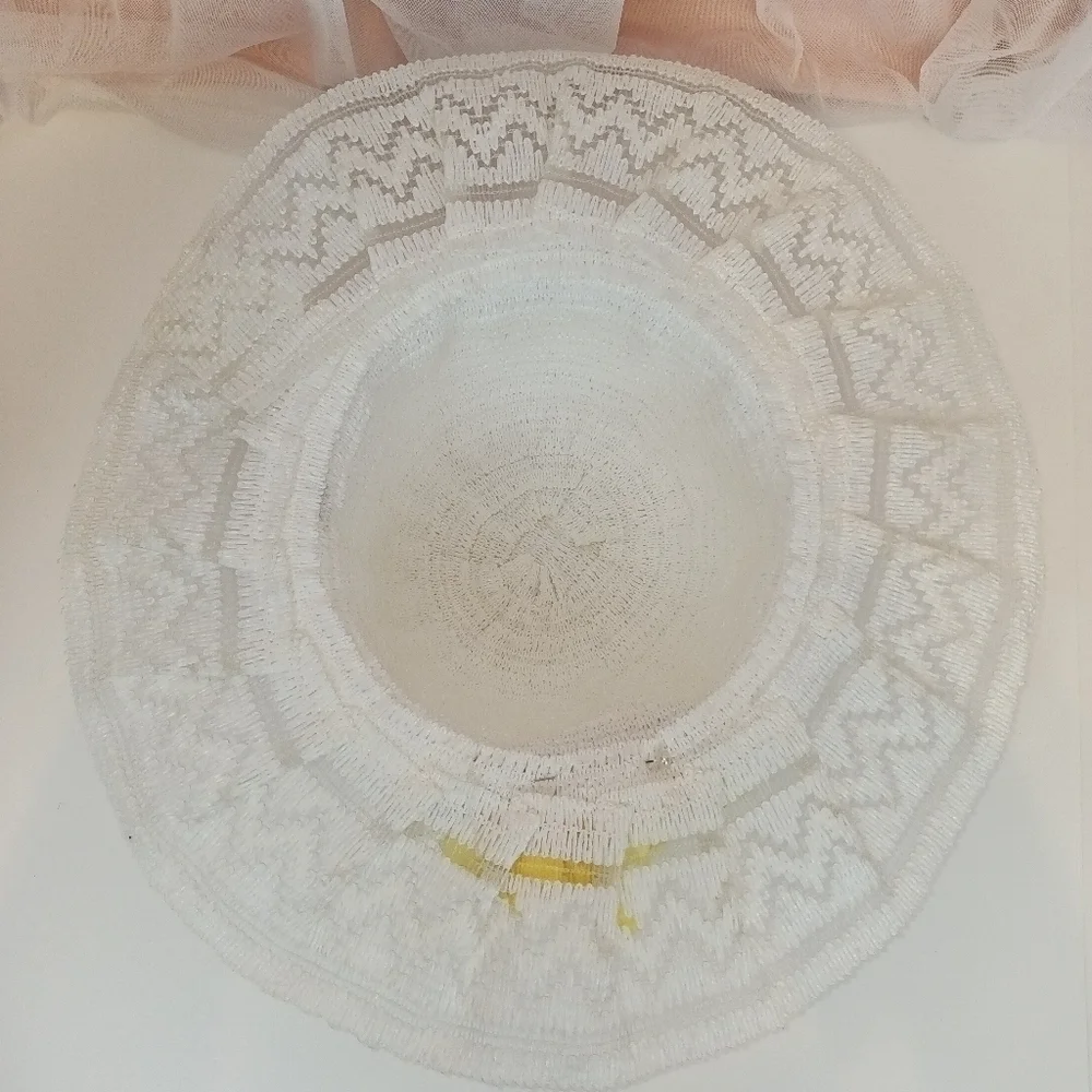 Vintage 80s Womens White and Yellow Wide Brim Sun Hat Summer Travel - Picture 7 of 9